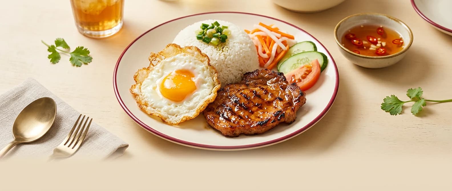 Cơm tấm sườn trứng: arroz partido con chuleta de cerdo a la parrilla, huevo frito, encurtidos y salsa de pescado